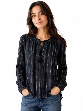 Ann Taylor LOFT Cotton Blend Semi-Sheer Tassel Tie Striped Top in Black & Gold